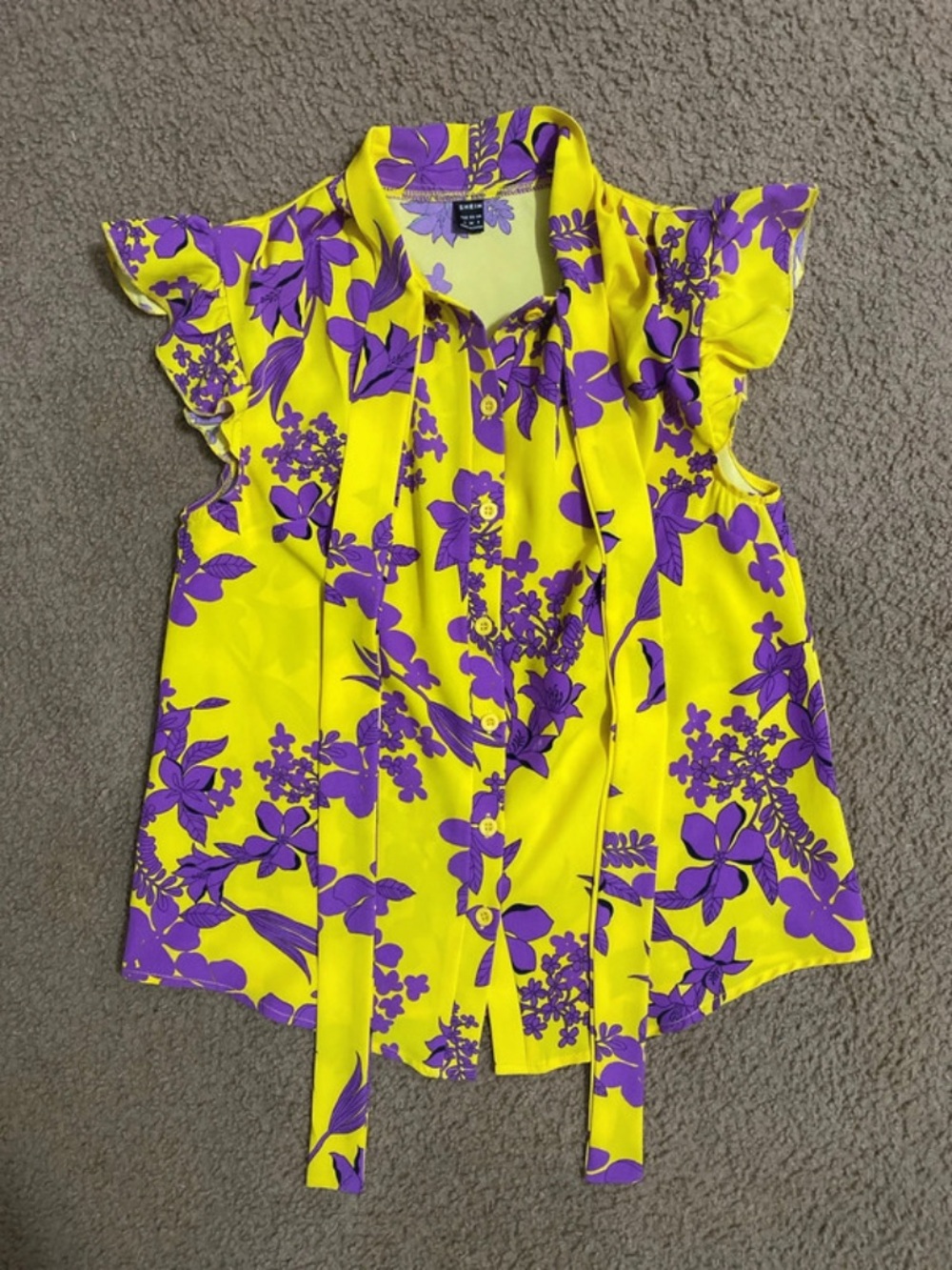 SHEIN Yellow & Purple Button Down Sleeveless Blouse With Neck Tie